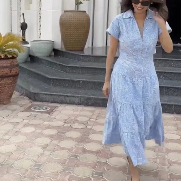 GUC - ZARA EMBROIDERED EYELET SHIRT DRESS CUTWORK EMBROIDERY BLUE WHITE M - Picture 4 of 16